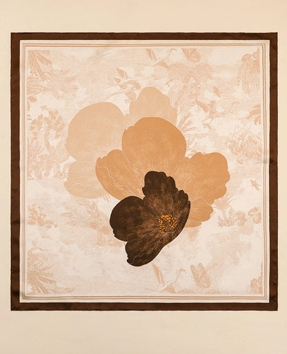 65 cm mulberry silk square scarf featuring caramel and dark brown flowers on an ivory background