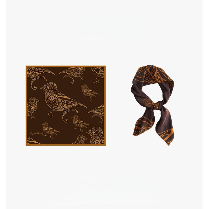 Vintage brown 100% mulberry silk square scarf with goldfinch and paisley-inspired print, shown flat and softly styled.