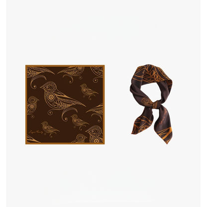 Vintage brown 100% mulberry silk square scarf with goldfinch and paisley-inspired print, shown flat and softly styled.