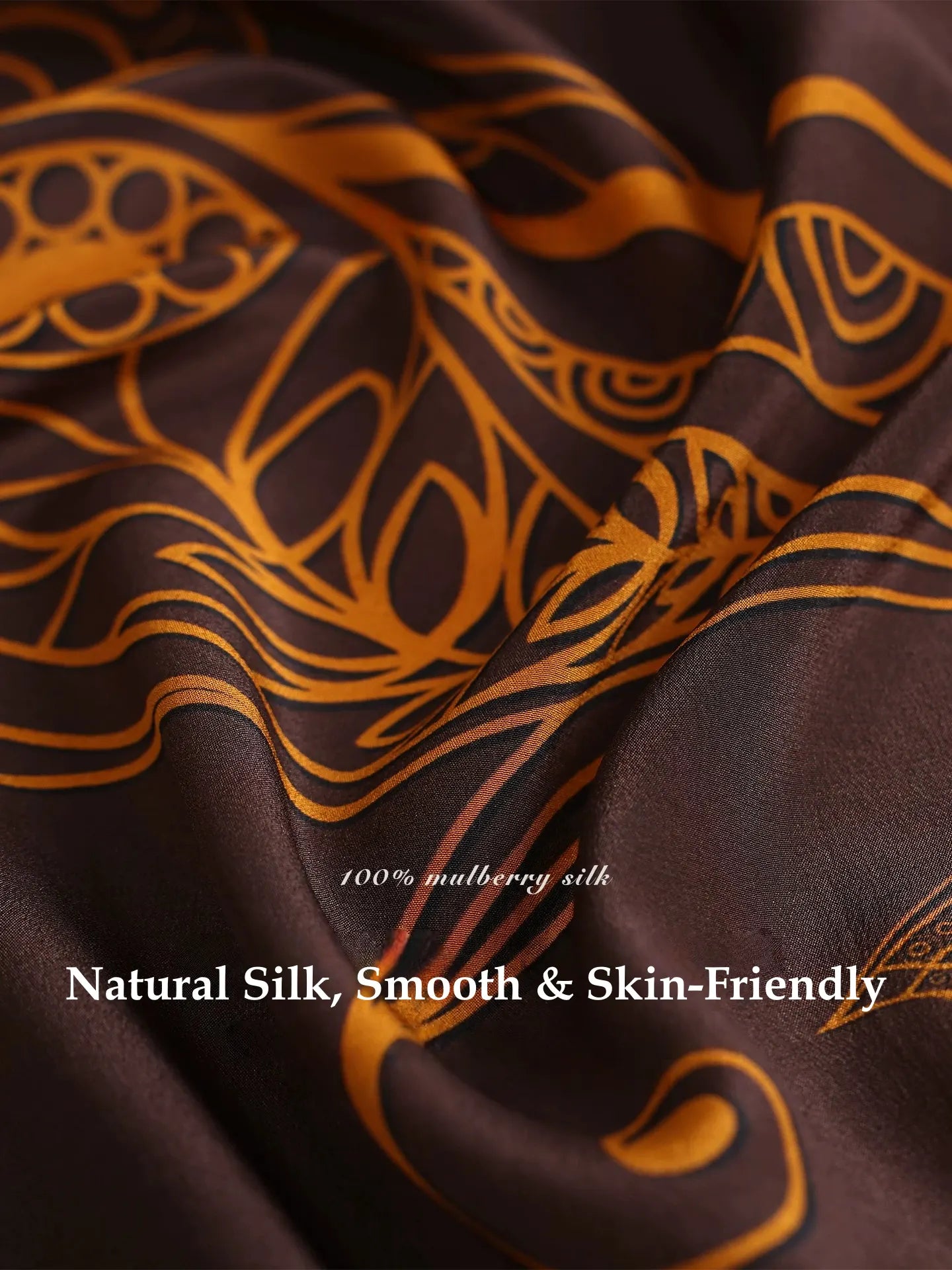 Close-up of vintage brown mulberry silk scarf showing smooth silk texture, goldfinch artwork, and rich printed details.