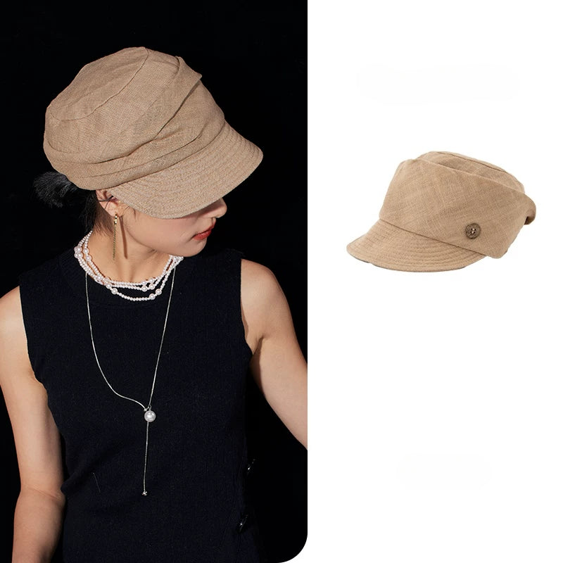 Light khaki cotton linen vintage beret newsboy cap for women with short brim