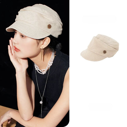 Cream white cotton linen beret hat for women with soft pleated crown