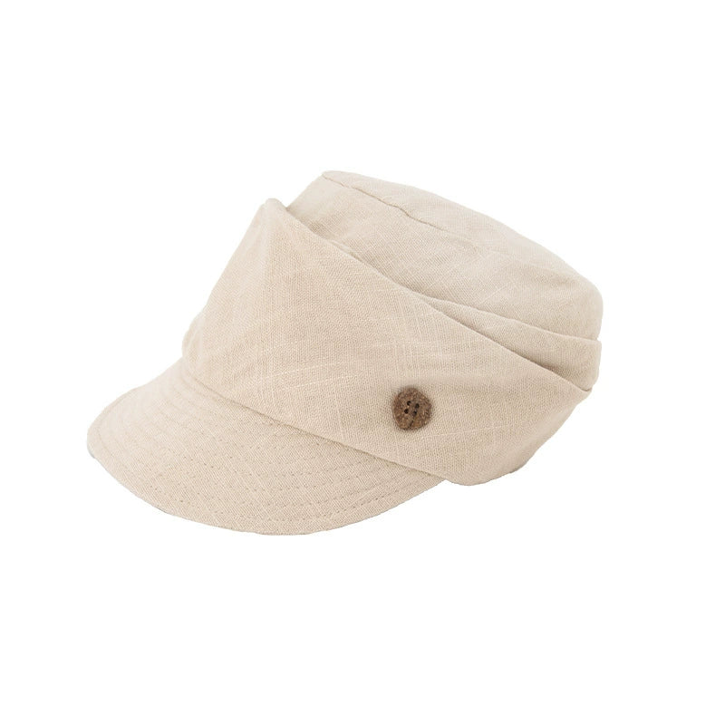 Cream white cotton linen vintage beret hat with short brim and side button detail