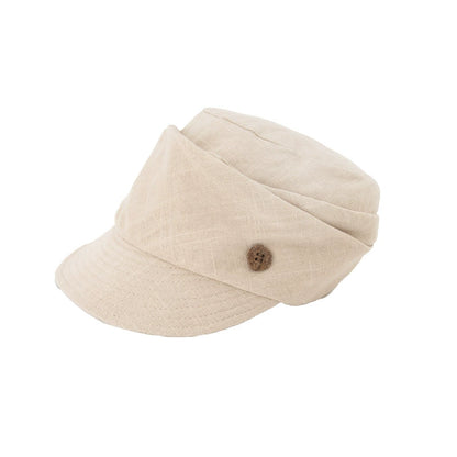 Cream white cotton linen vintage beret hat with short brim and side button detail