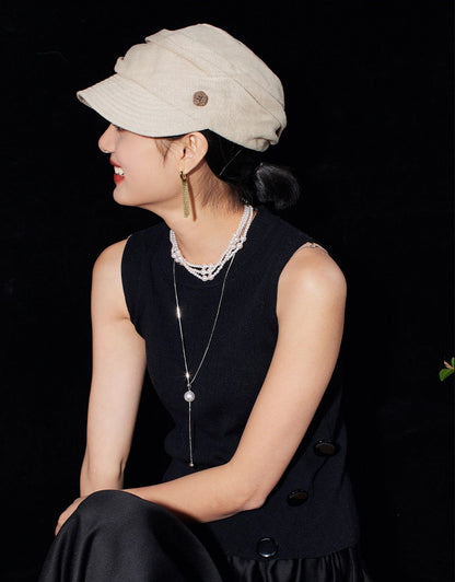 Side view of cream white cotton linen beret newsboy cap for elegant daily styling