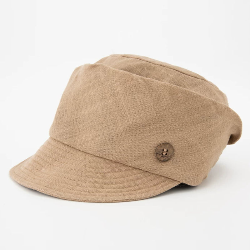 Light khaki cotton linen newsboy cap with short brim and vintage button detail