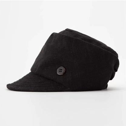 Classic black cotton linen vintage beret newsboy cap with side button detail