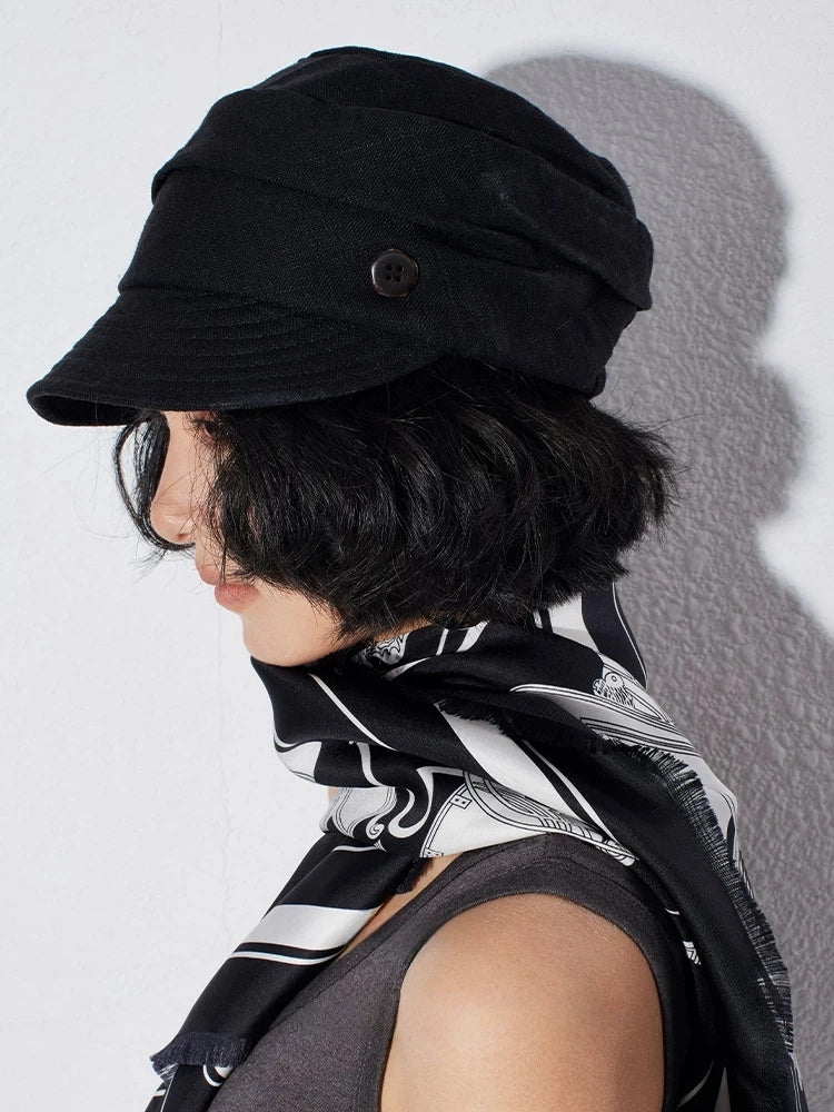 Side view of black cotton linen beret hat for women with scarf styling