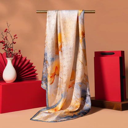 Ivory gold vintage floral pure silk long scarf made from 100% mulberry silk with elegant soft drape.