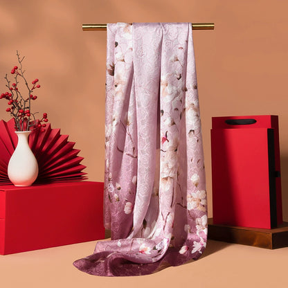 Blush pink floral pure silk long scarf with vintage-inspired pattern and elegant lightweight drape.