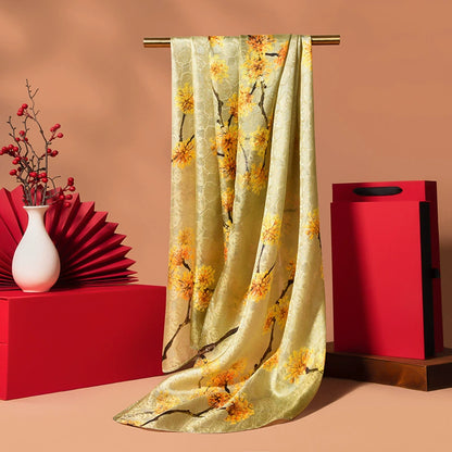 Soft yellow floral silk scarf made from 100% mulberry silk with graceful vintage styling.