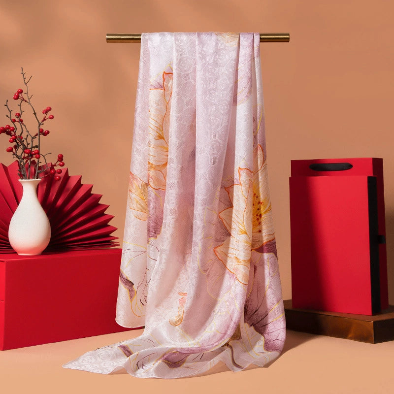 Pale pink vintage floral silk scarf with soft mulberry silk texture, ideal as an elegant gift for mom.