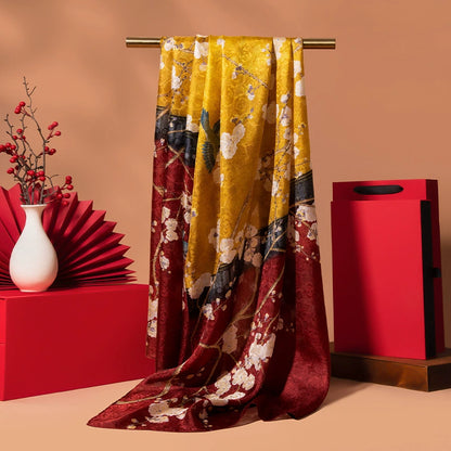 Wine red floral pure silk long scarf with vintage print, elegant drape, and luxury scarf gift appeal.