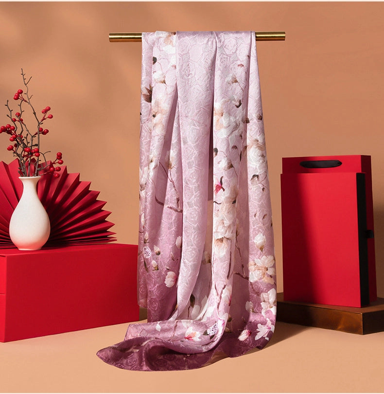 Blush pink pure silk oblong scarf with delicate floral print and elegant vintage-inspired style.