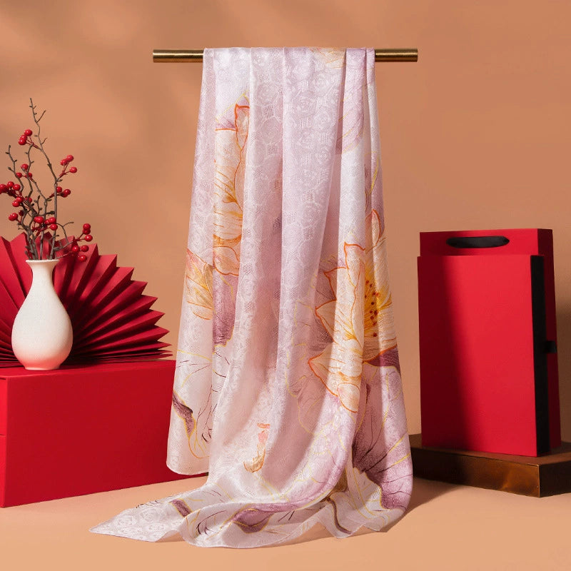 Pale pink floral silk scarf gift for mom with smooth 100% mulberry silk and elegant long shape.