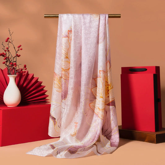 Pale pink floral silk scarf gift for mom with smooth 100% mulberry silk and elegant long shape.