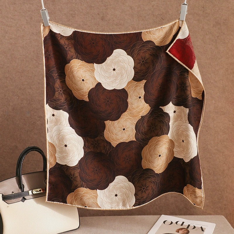 Vintage floral silk wool square scarf in brown, cream, beige and burgundy tones.