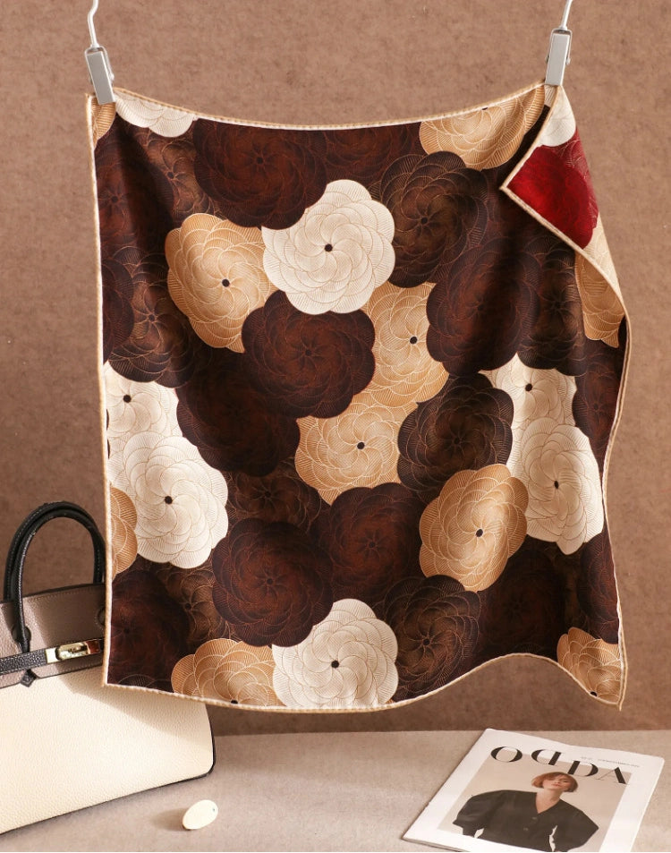 Vintage floral square scarf in wool silk blend displayed with handbag and lifestyle styling.