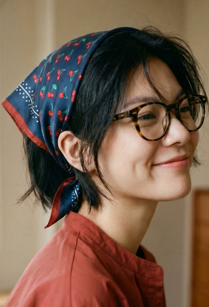 Vintage navy cherry silk scarf tied around a low ponytail as a hair accessory