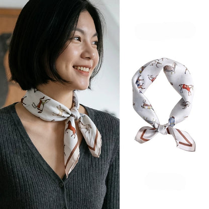 Vintage white horse print mulberry silk scarf styled around the neck with a side knot