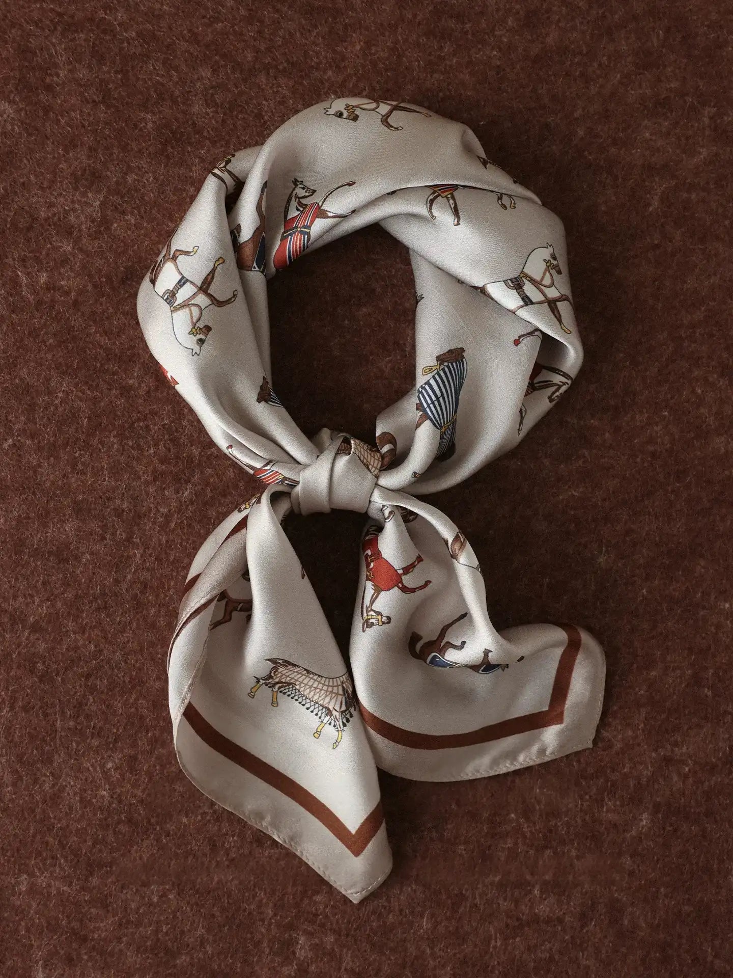 Vintage white 65 cm mulberry silk square scarf with galloping horse print on a brown background