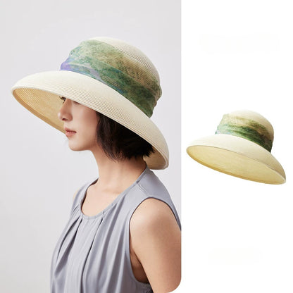 Vintage white scarf ribbon wide brim sun hat for women with product cutout.