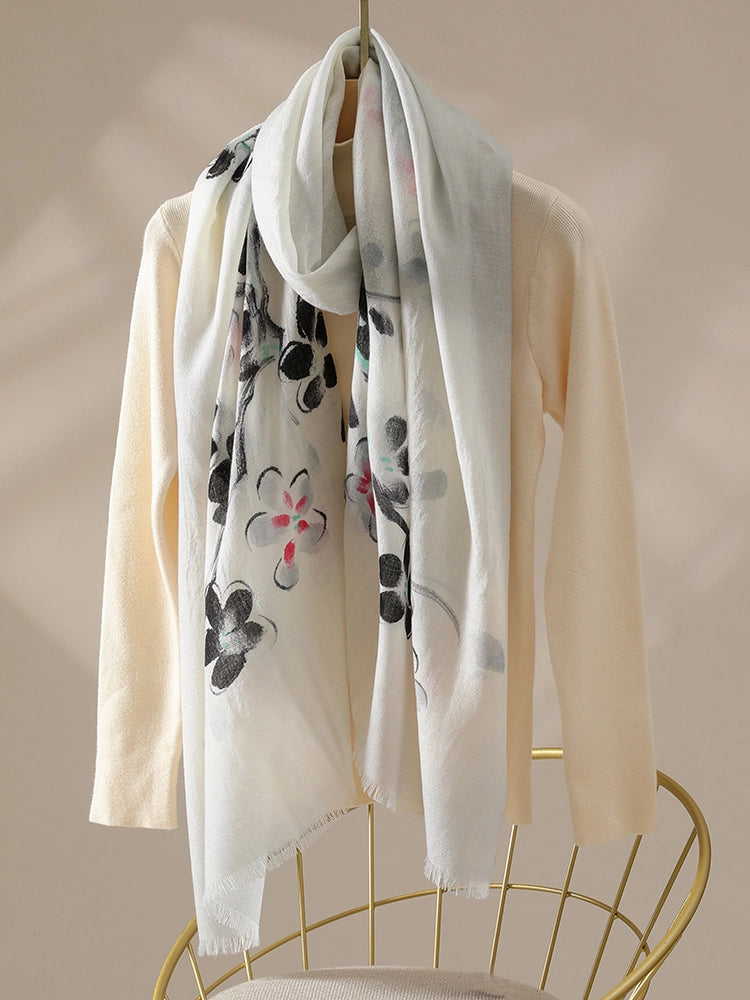 Black floral print wool scarf for women with soft watercolor flower details