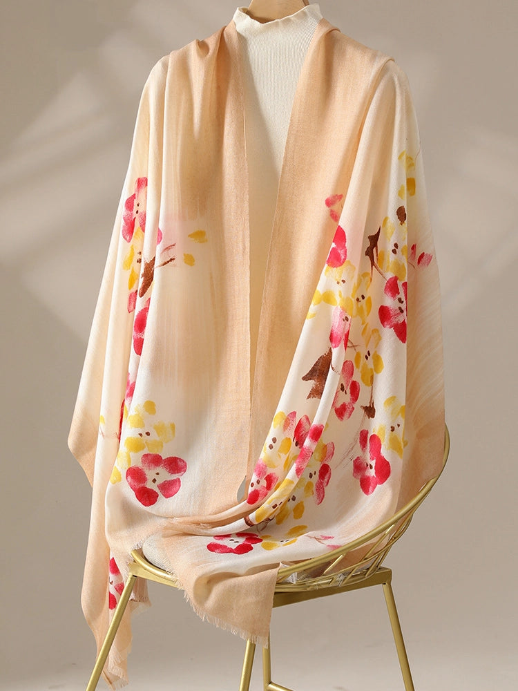Lightweight light coffee floral wool shawl styled in a relaxed loop