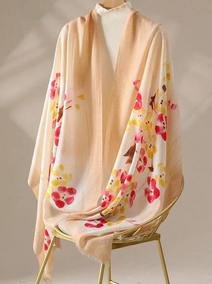 Lightweight light coffee floral wool shawl styled in a relaxed loop