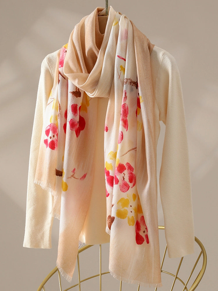 Light coffee watercolor floral wool scarf with elegant red flower print