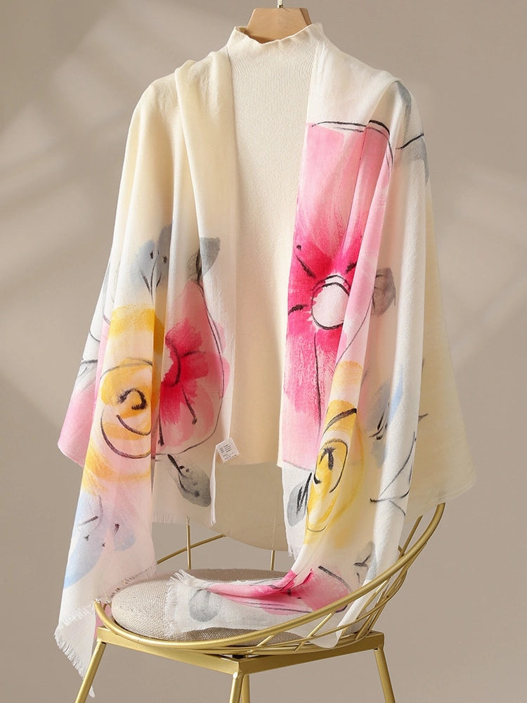 Light pink floral wool shawl styled loosely to show the watercolor print