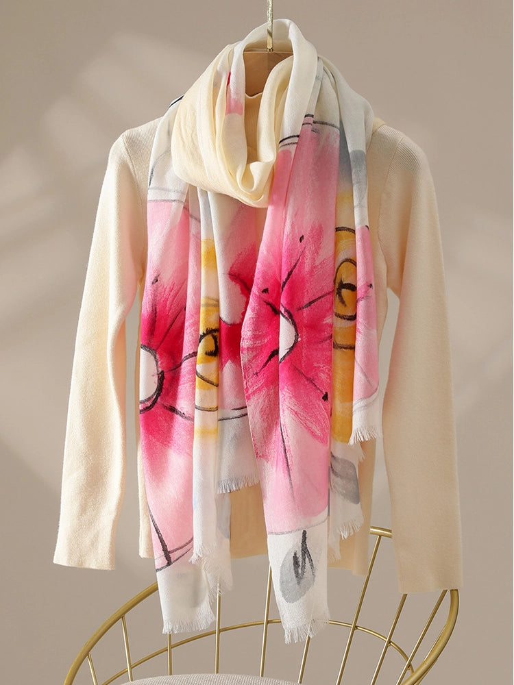 Lightweight light pink floral wool scarf for women in an elegant long drape