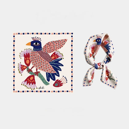 Whimsical illustrated bird mulberry silk square scarf shown flat and tied on a white background