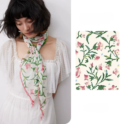 White morning glory skinny silk scarf in 100% mulberry silk georgette with floral pattern