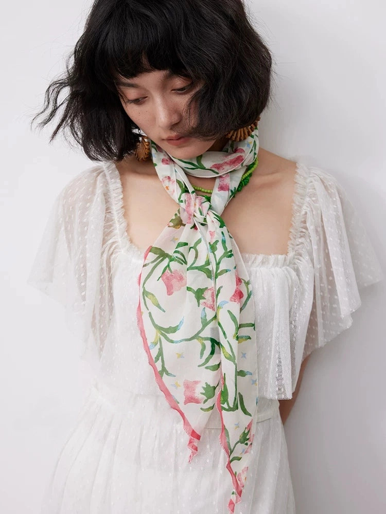 White floral skinny silk scarf styled as a lightweight neck scarf for women