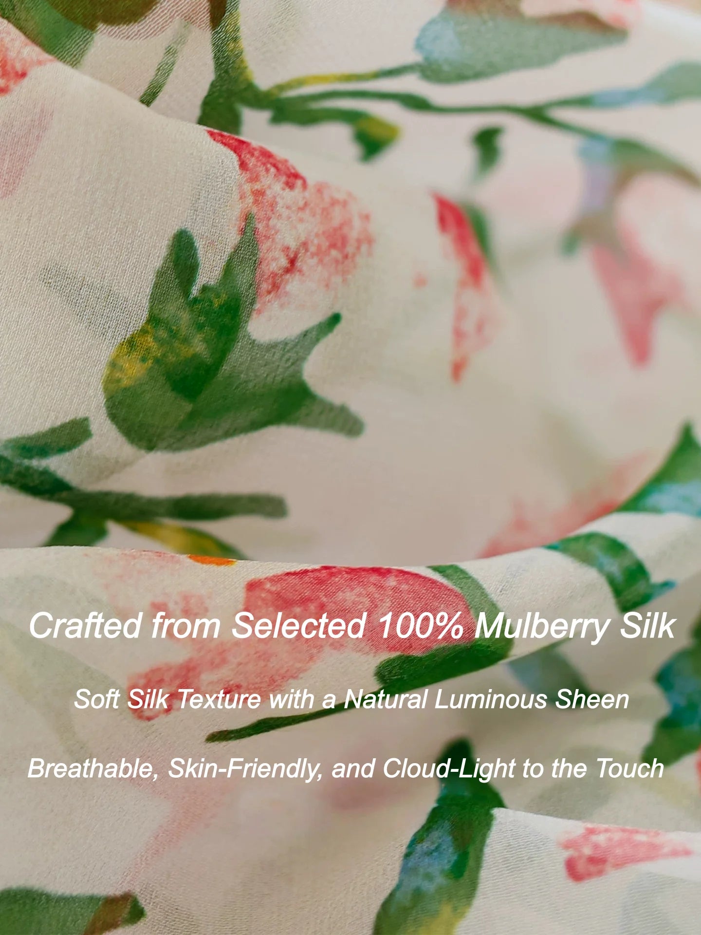 Close-up of white morning glory silk georgette scarf showing sheer texture and floral print