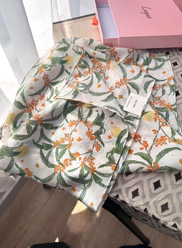 White osmanthus floral silk square scarf, 100% mulberry silk, displayed flat to highlight its intricate floral design.