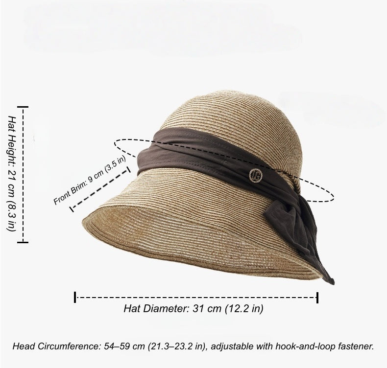 Wide brim straw sun hat with bow ribbon detail, adjustable fit, windproof cord and foldable design for summer travel.