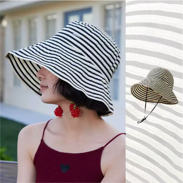 Striped Wide Brim Sun Protection Hat for Women - AOA Fashion Accessories