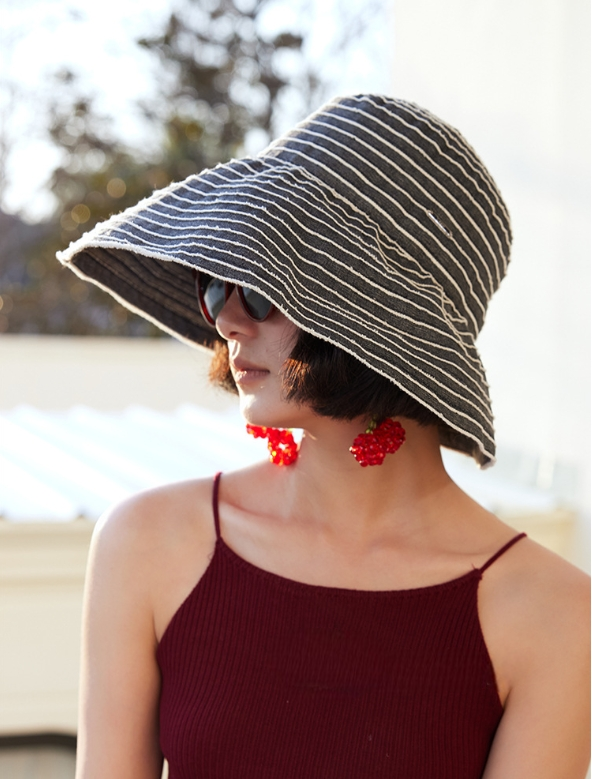 Striped Wide Brim Sun Protection Hat for Women - AOA Fashion Accessories