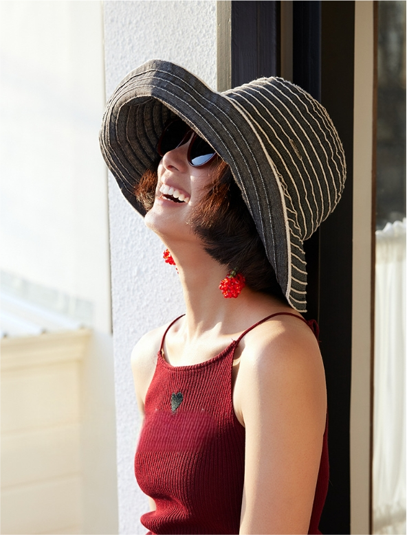 Striped Wide Brim Sun Protection Hat for Women - AOA Fashion Accessories