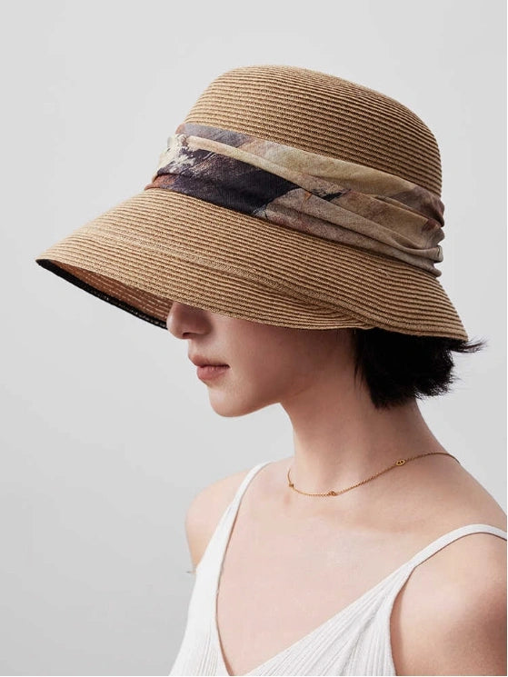 women straw bucket sun hat herbal color side view UV protection summer hat