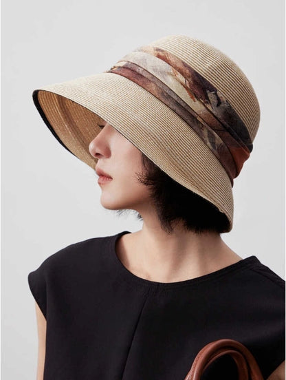 white apricot straw sun hat women wide brim summer beach hat side profile