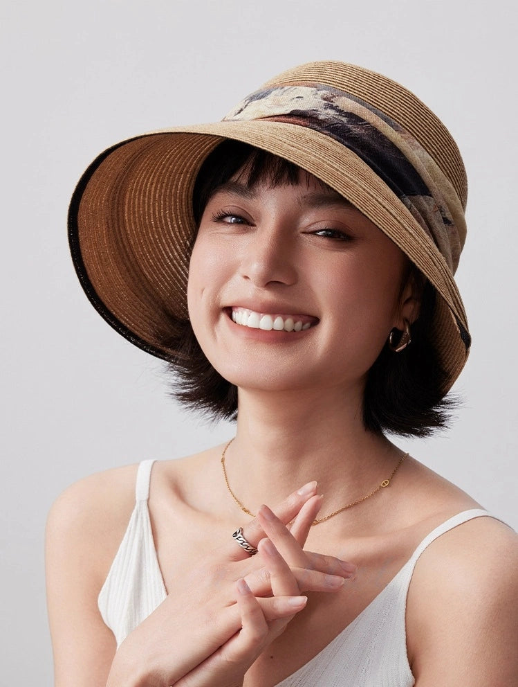 women smiling wearing straw bucket sun hat summer casual sun protection hat