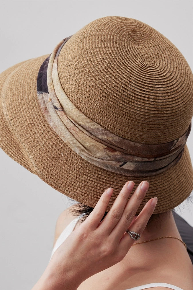 top view straw bucket hat detail texture band design summer sun hat