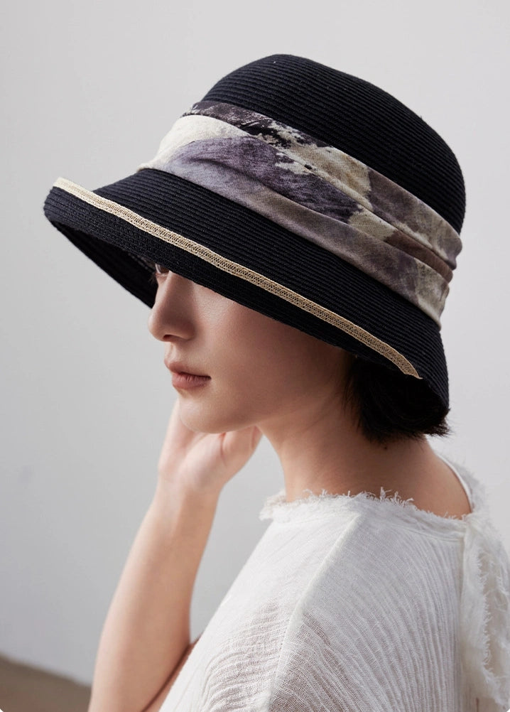 black straw bucket hat women elegant profile UV protection summer hat