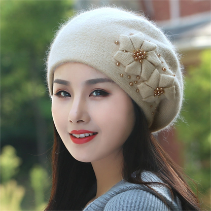 Women's Beret - With Floral Decoration and Beading