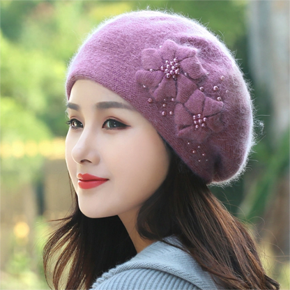 Women's Beret - With Floral Decoration and Beading