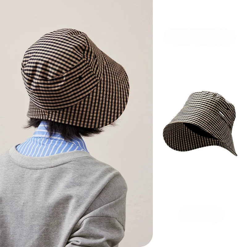 Black coffee plaid ponytail bucket hat for women with U-shaped open back design