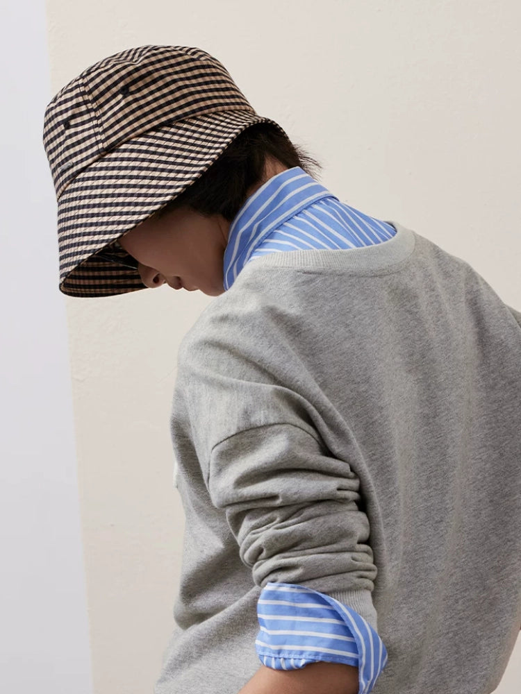 Black coffee check open back bucket hat for women with wide brim and relaxed fit